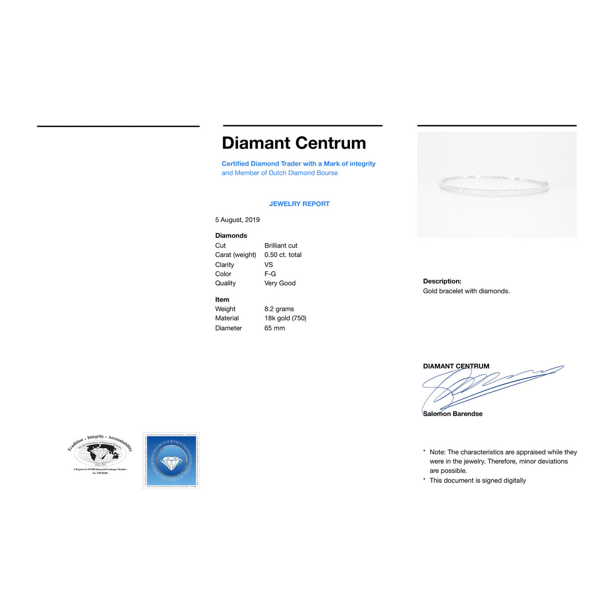 Witgouden armband, 33 diamanten 0.50 ct